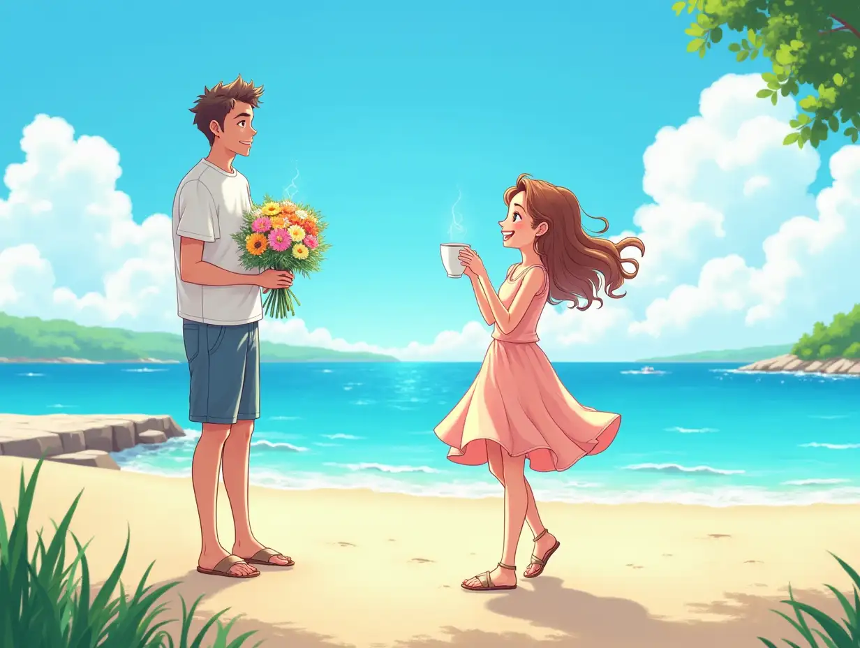 Cheerful-Girl-on-Alushta-Embankment-with-Coffee-and-Shy-Young-Man-Holding-Flowers