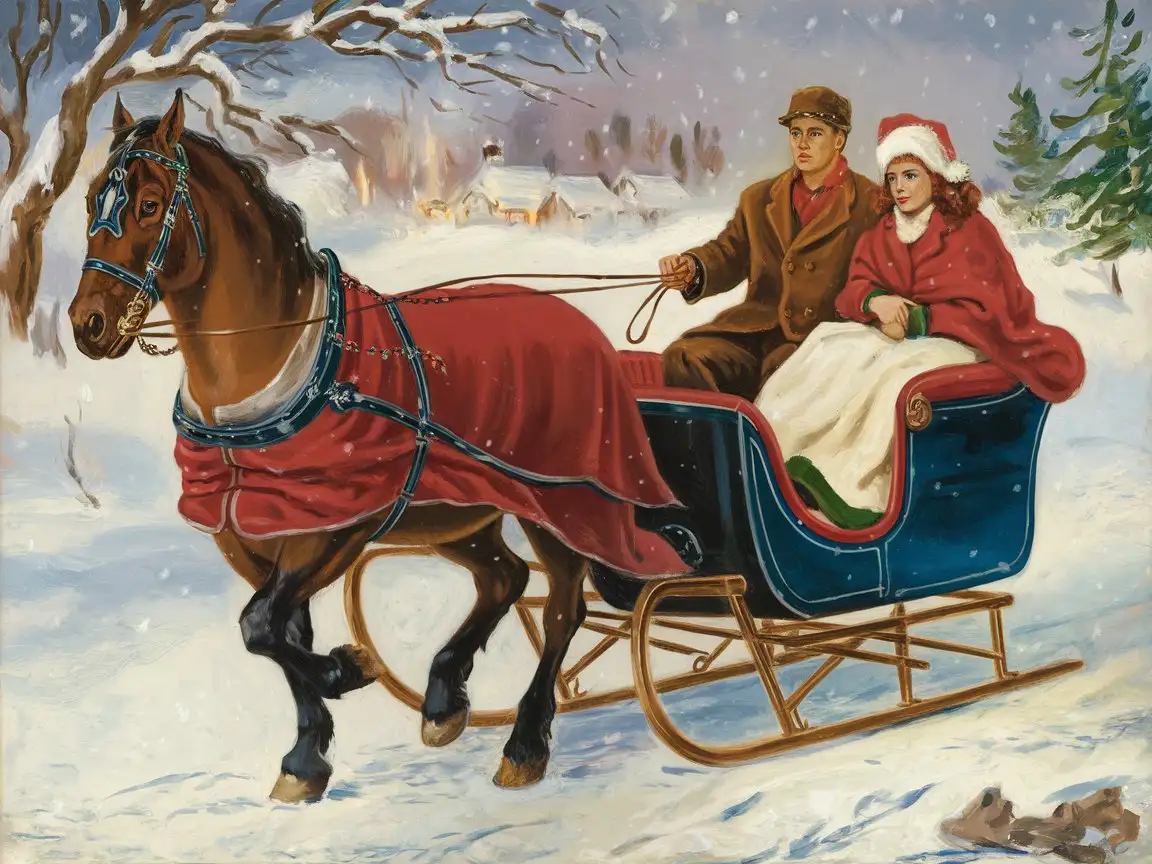 Couples Romantic Christmas Sleigh Ride in a Snowy Landscape