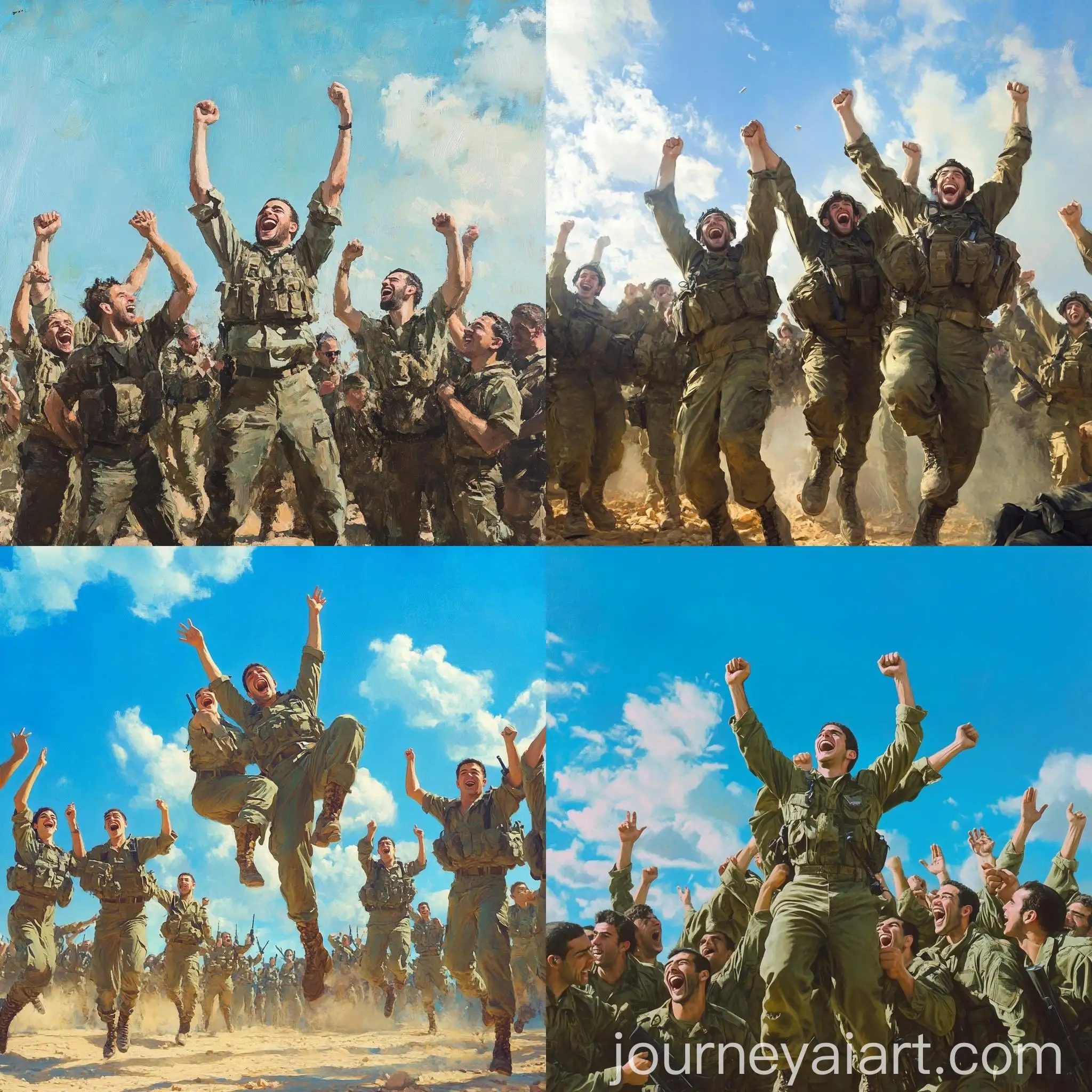 Israel-Defense-Forces-Soldiers-Celebrating-and-Dancing-Under-Blue-Sky