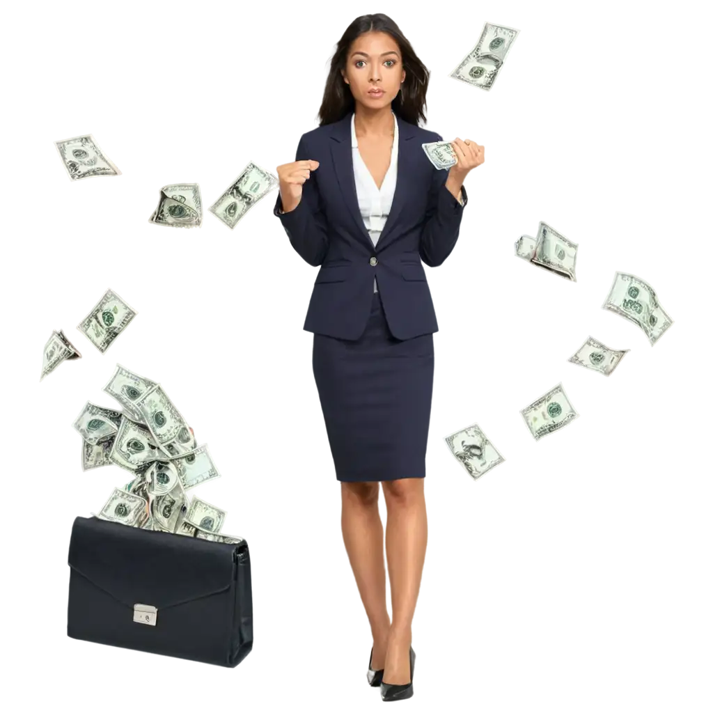 PNG-Image-of-Money-Rain-on-Business-Woman-Powerful-Visual-Representation-of-Financial-Success-and-Empowerment