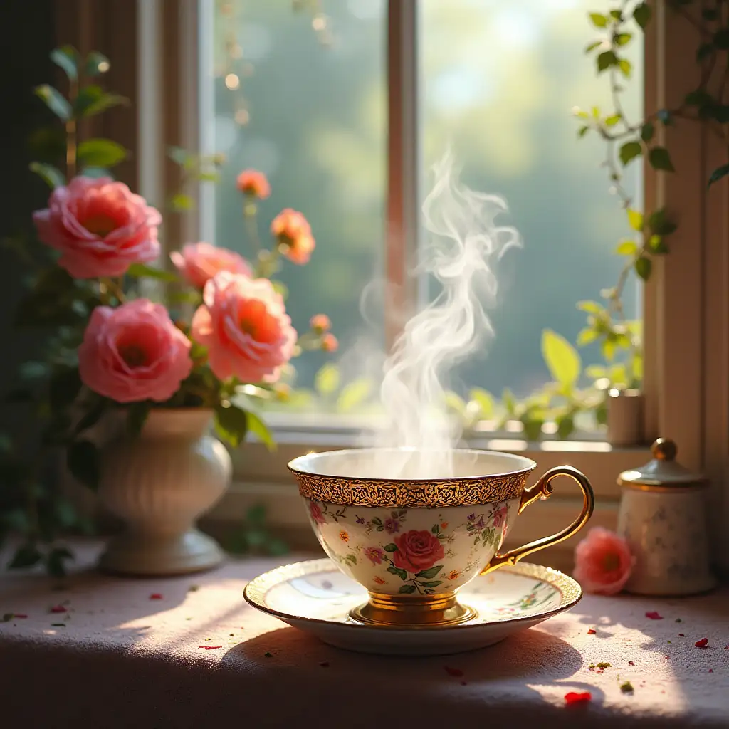 Every detail was a masterpiece, from the delicate filigree on Luna's tiara to the way the teacup's steam rose like a cloud, creating a perfect contrast with the vivid colors of the flowers blooming on the sill. The textures