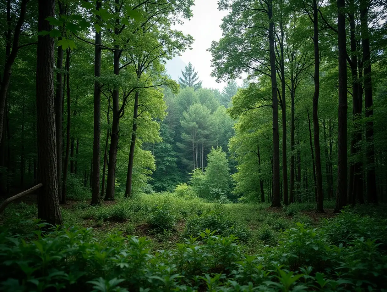 Serene view of lush green forest with dense tall trees