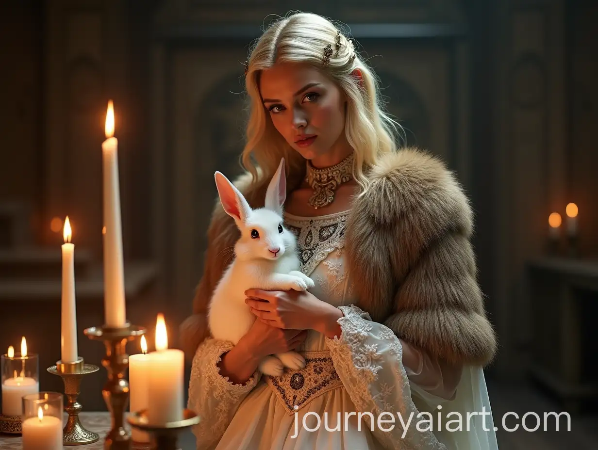 Ethereal-Blonde-Woman-in-Ornate-Gown-Holding-White-Jackalope-Surrounded-by-Candles-and-Magic-Symbols