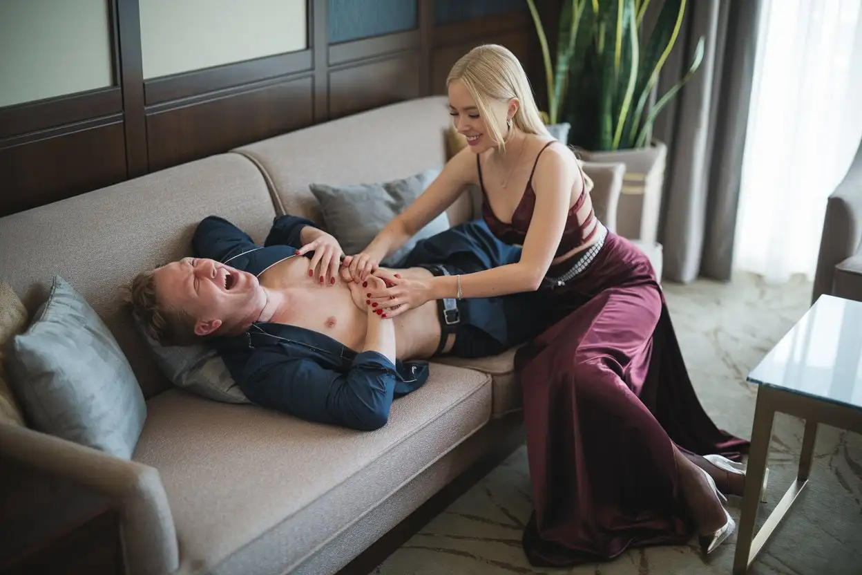 Luxury-Hotel-Room-with-Laughing-Man-and-Woman-in-Satin-Outfit