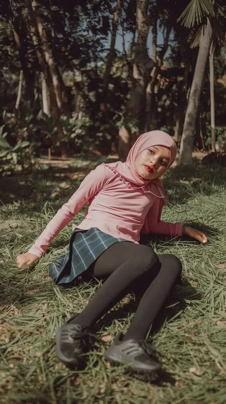 Teen-Girl-Relaxing-on-Grass-in-a-Jungle-with-Pink-Outfit-and-Hijab