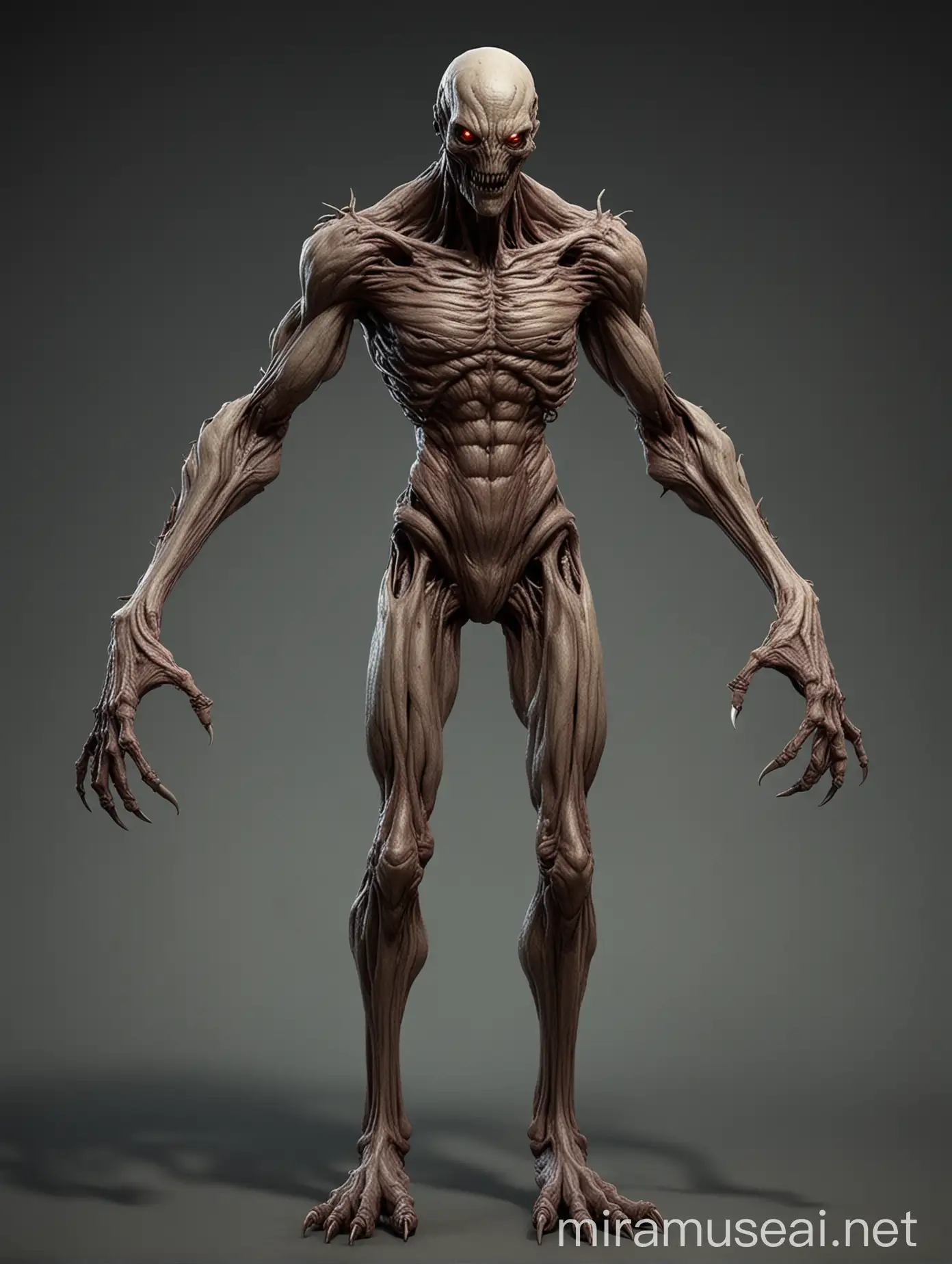 Game monster design, fullbody, residen evil style, thinn body, long arms and legs, no eyes, claws, very realistic anatomy, old body