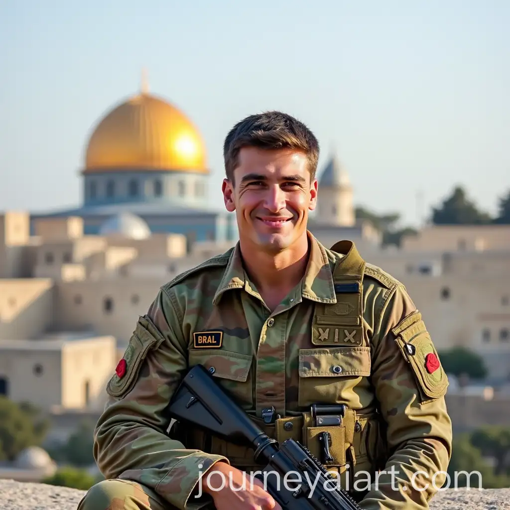 Soldier-in-Camouflage-Shirt-with-Dome-of-the-Rock-in-Palestine-Background
