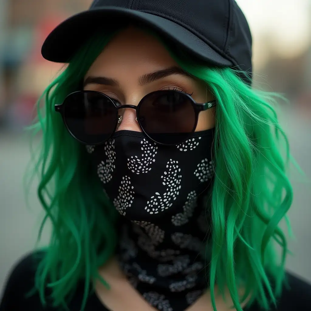 a woman with green hair in a black cap and black sunglasses and a black bandana on her face