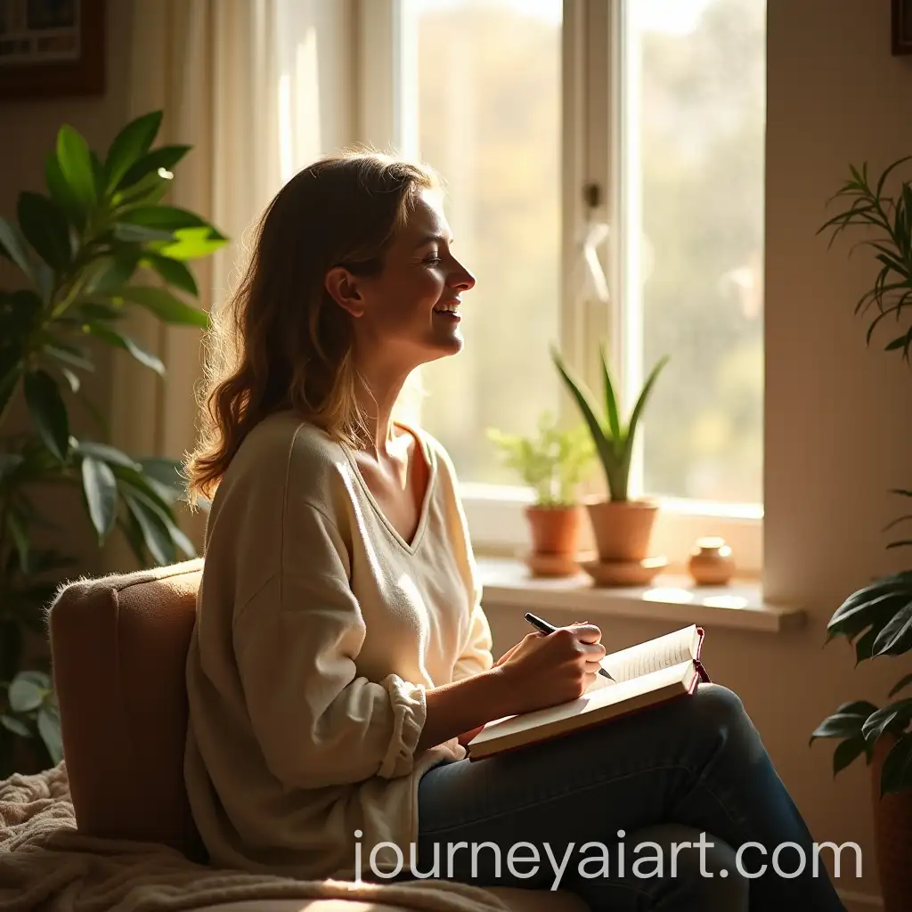 AI-Image-Prompt-ExpansionWoman-Writing-in-Journal-by-Sunlit-Window-with-Cozy-Natural-Atmosphere