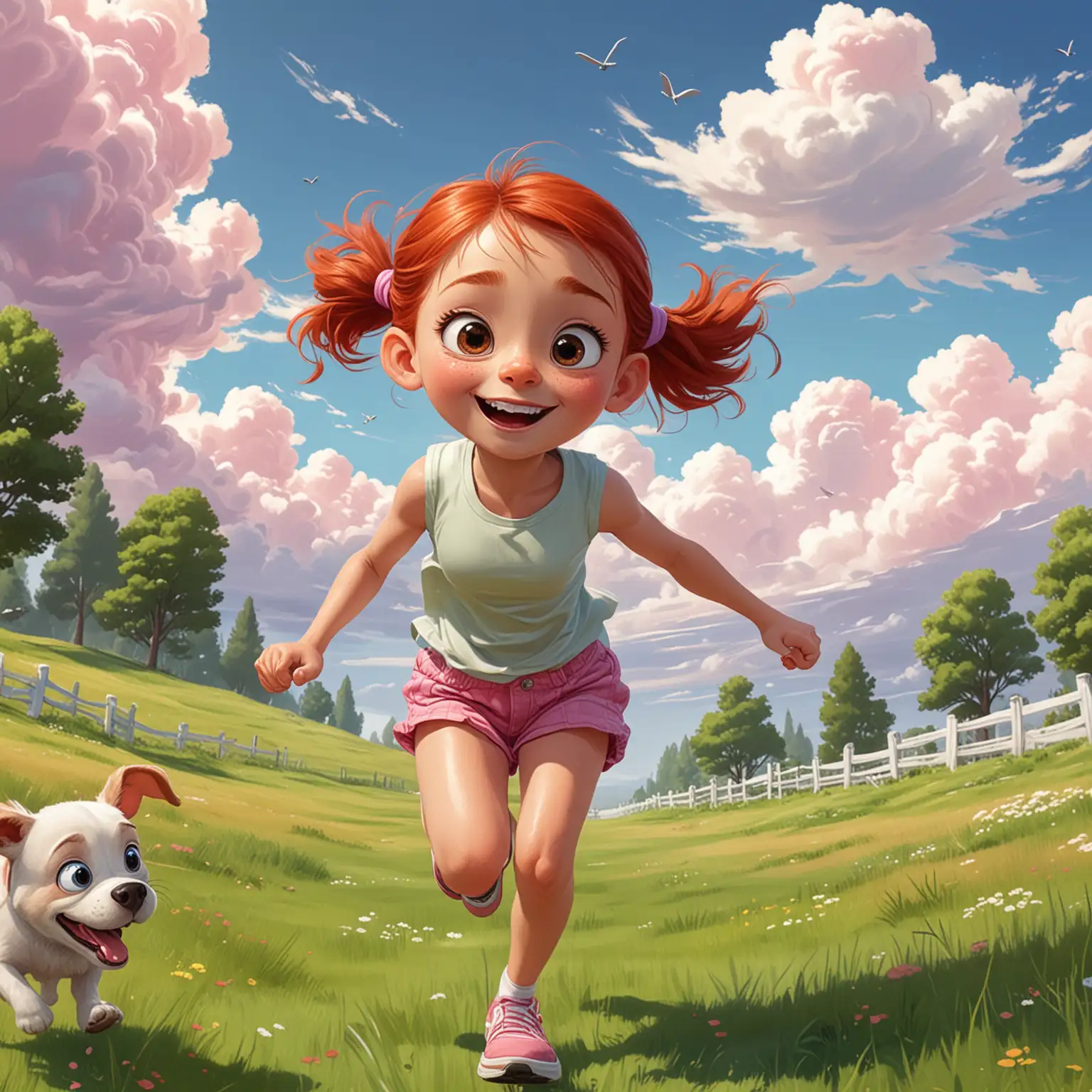 Joyful-Little-Girl-Running-on-Green-Grass-with-Dog-in-Cartoon-Style