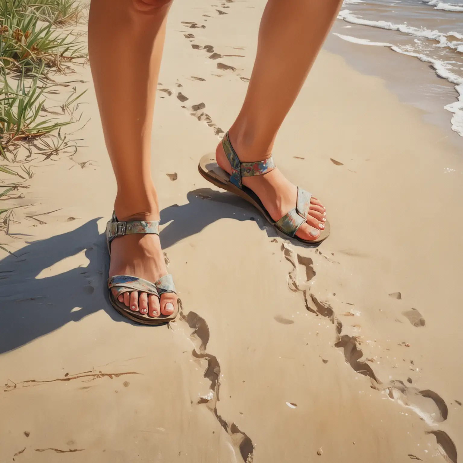 Woman Walking on Sandy Beach Path in Sandals