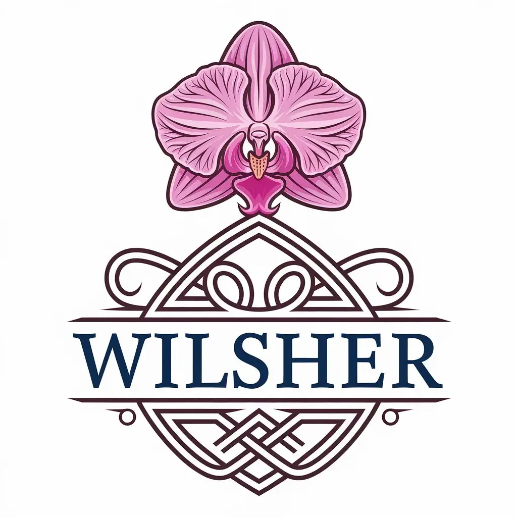 a vector logo design,with the text "WILSHER", main symbol:word in capital letters WILSHER above which is a beautiful pink orchid button, styled as the rune INGUZ,complex,clear background