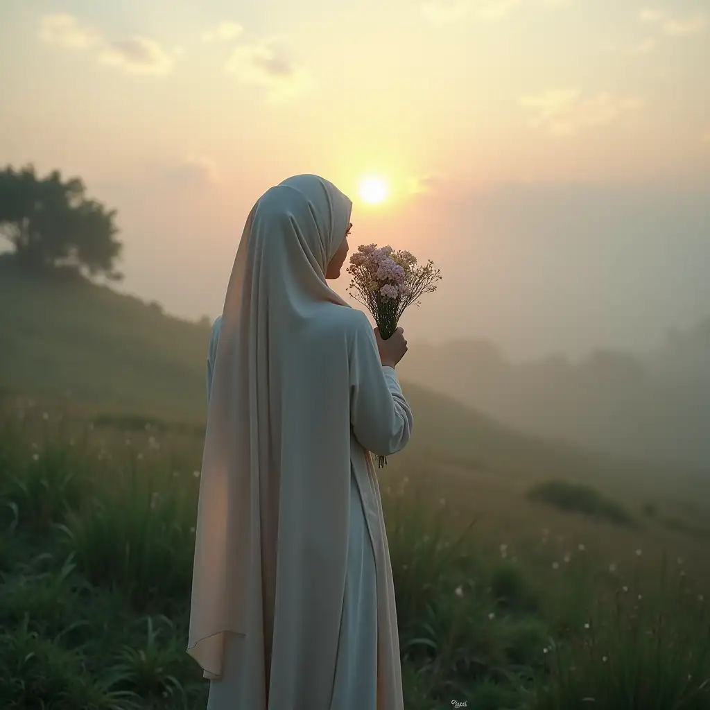 Woman-in-Flowing-Hijab-Embracing-Natures-Beauty-at-Dusk