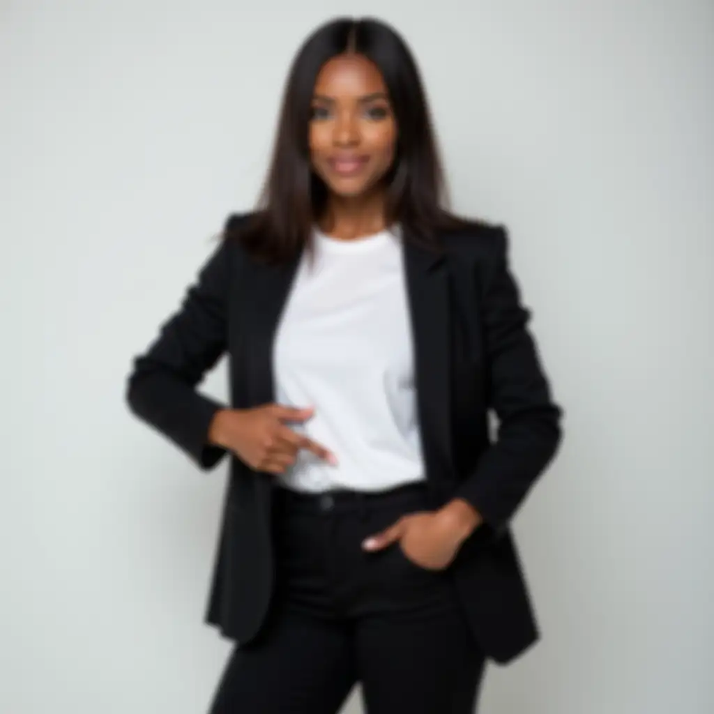 A full-body professional studio portrait of a confident young woman with medium to dark skin tone, wearing a black blazer, white t-shirt, and slim-fit black trousers. She has medium, straight, and sleek hair, flawless makeup, and is pointing with one hand at the logo area on her white t-shirt. The background is a clean, softly lit gradient (white or light gray). The lighting is soft and even, creating a polished and professional look.