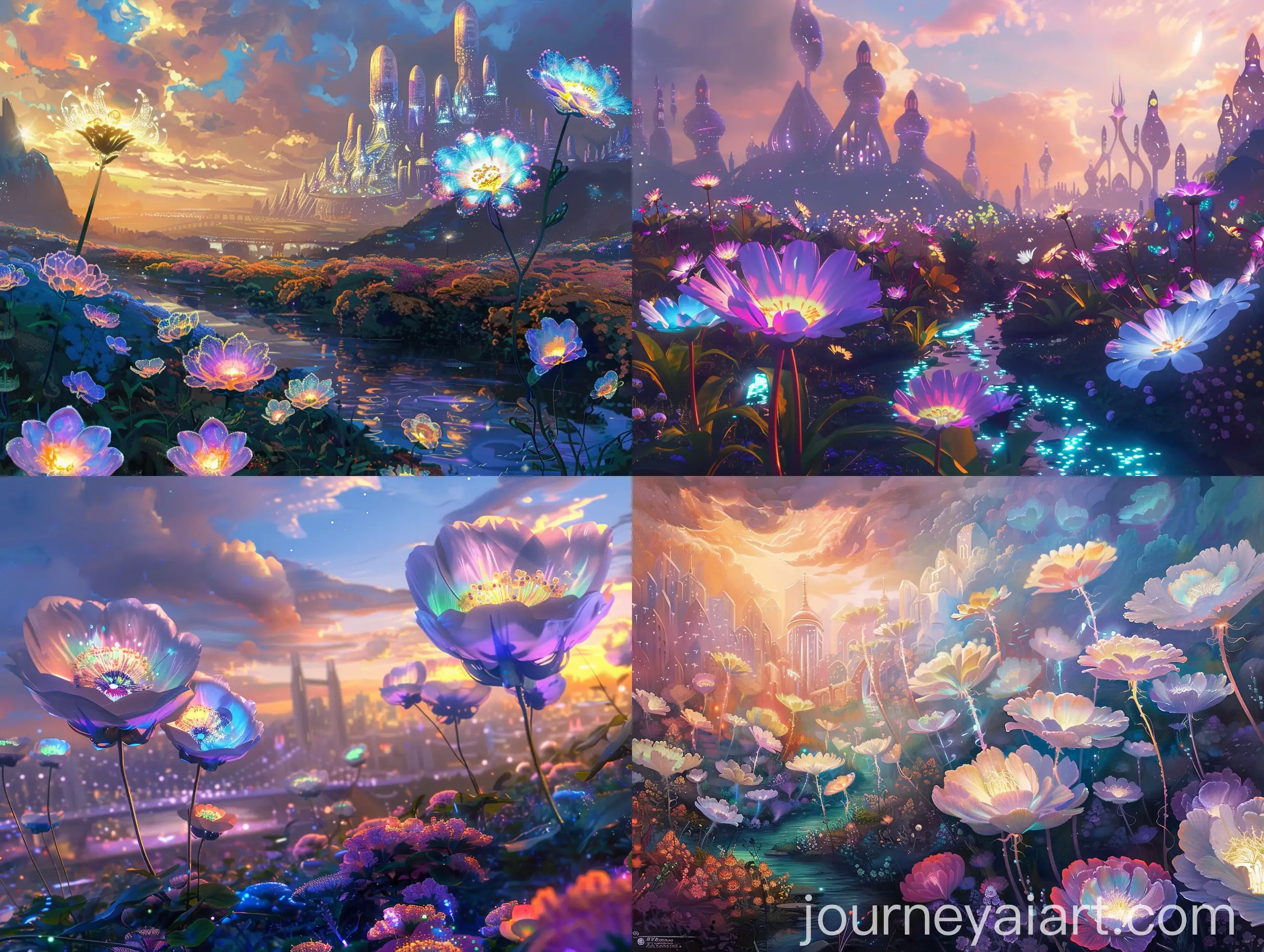 Vibrant-Oversized-Flowers-in-Twilight-Garden-with-Dreamlike-Cityscape