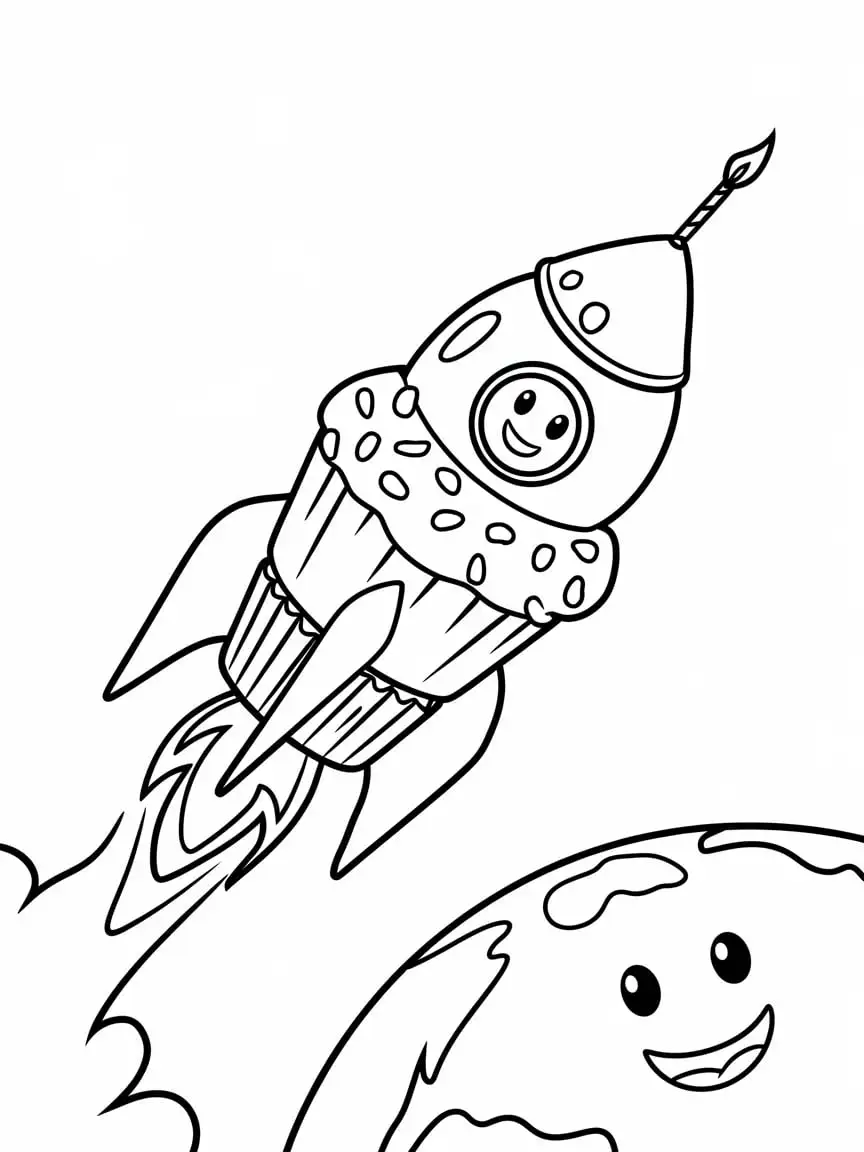 Whimsical Cupcake Rocket Ship Coloring Page for Kids