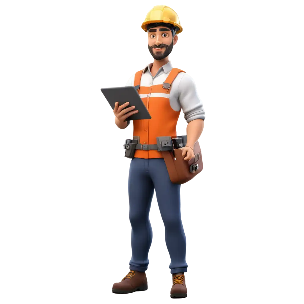 animated Engineer with Helmet holding a tablet in hand