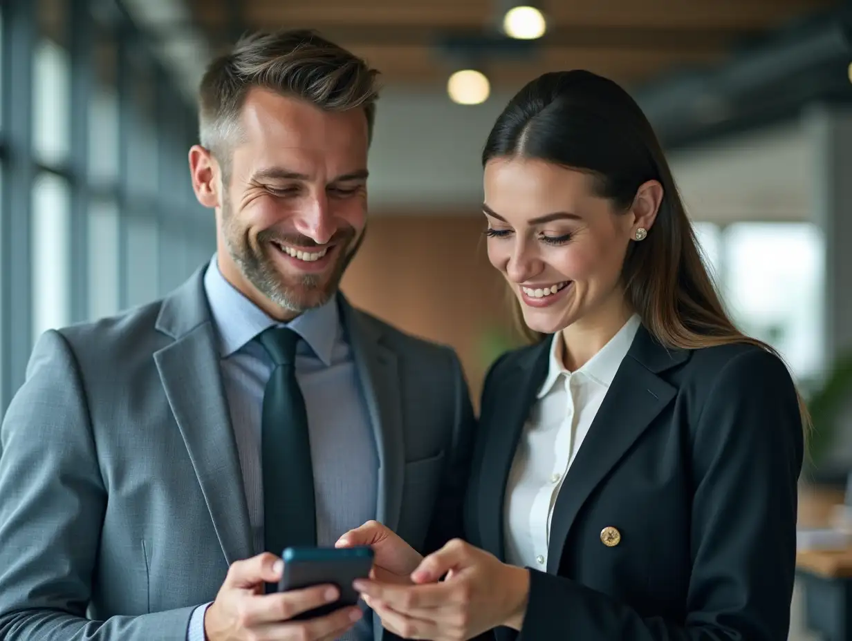 Professional business people, two happy business man and woman executives partners team working together checking corporate results standing in company office using digital tab fintech device.