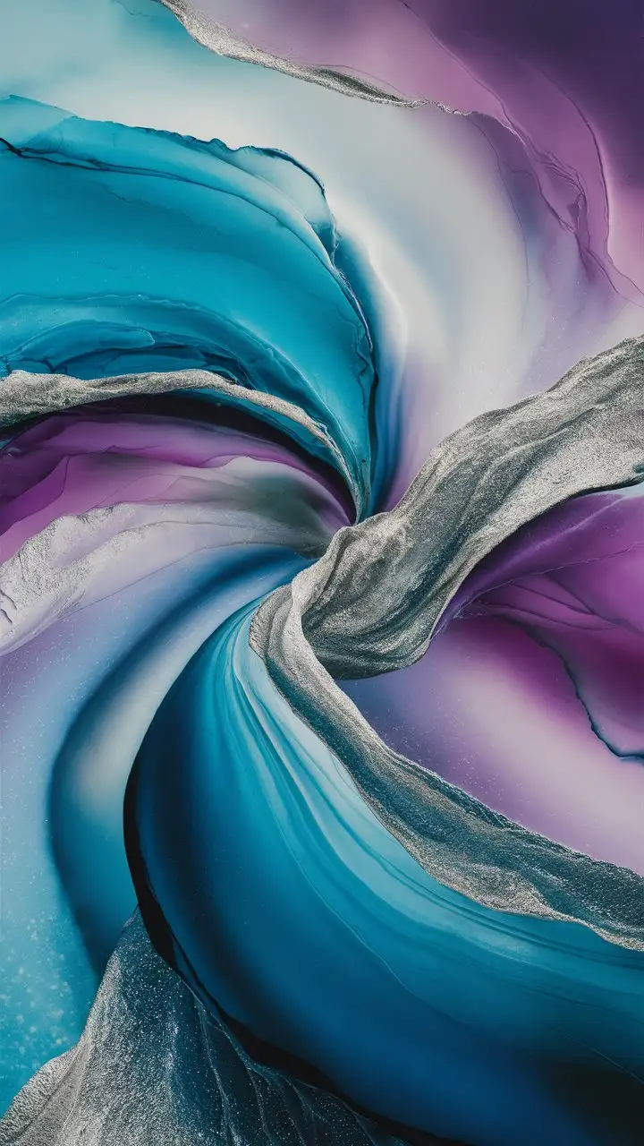 Ethereal abstract alcohol ink art, vibrant sapphire blue, amethyst purple, and shimmering silver inks blending on yupo paper, soft focus, dreamlike quality, flowing lines, delicate textures, high resolution, 4k