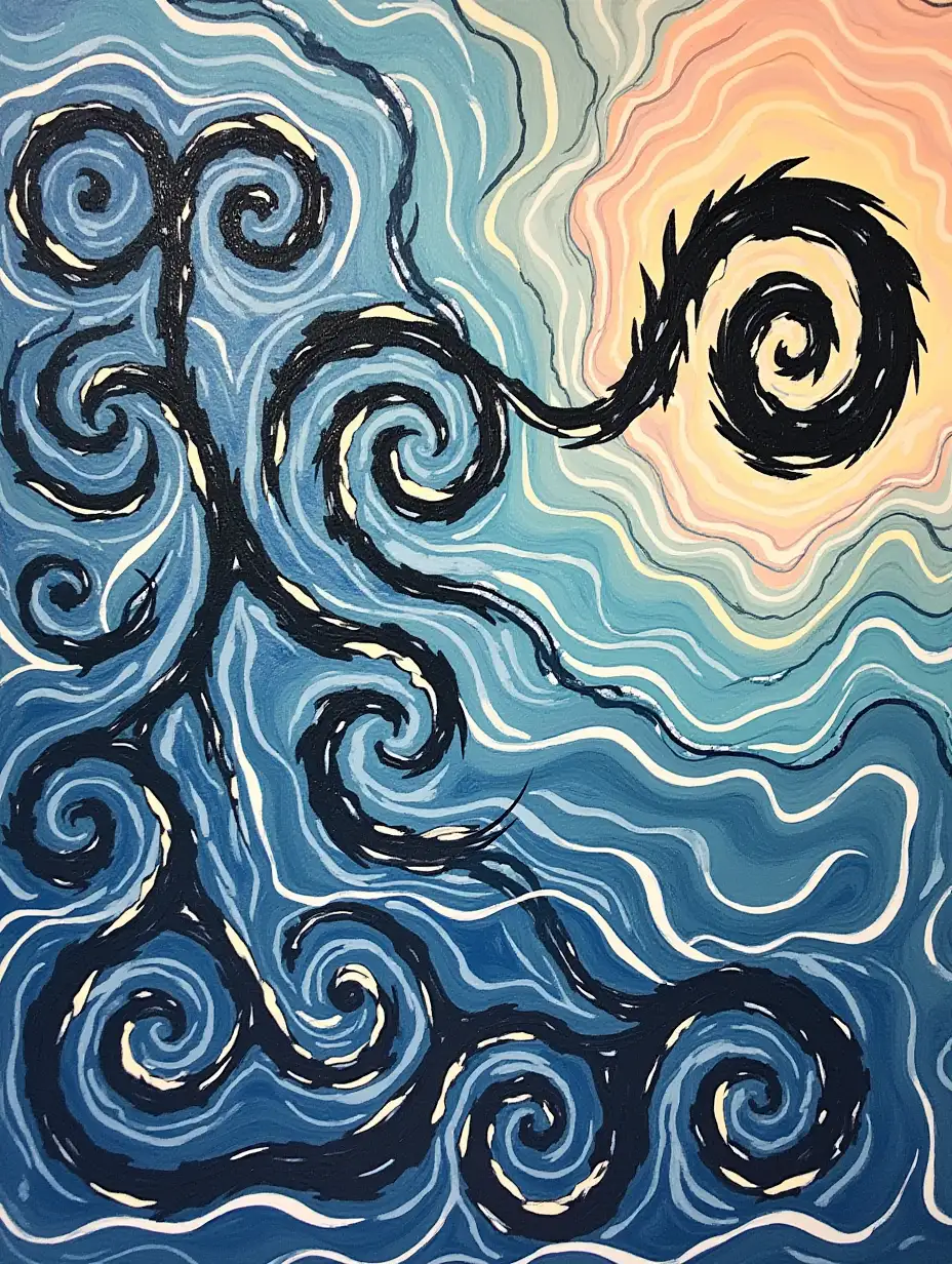 Create an abstract painting with jagged black brushstrokes forming swirling koru (fern) patterns, highlighted with pastel waves in baby blue, peach, and light yellow. The contrast should evoke the interconnectedness of life, growth, and the natural world in Maori culture.