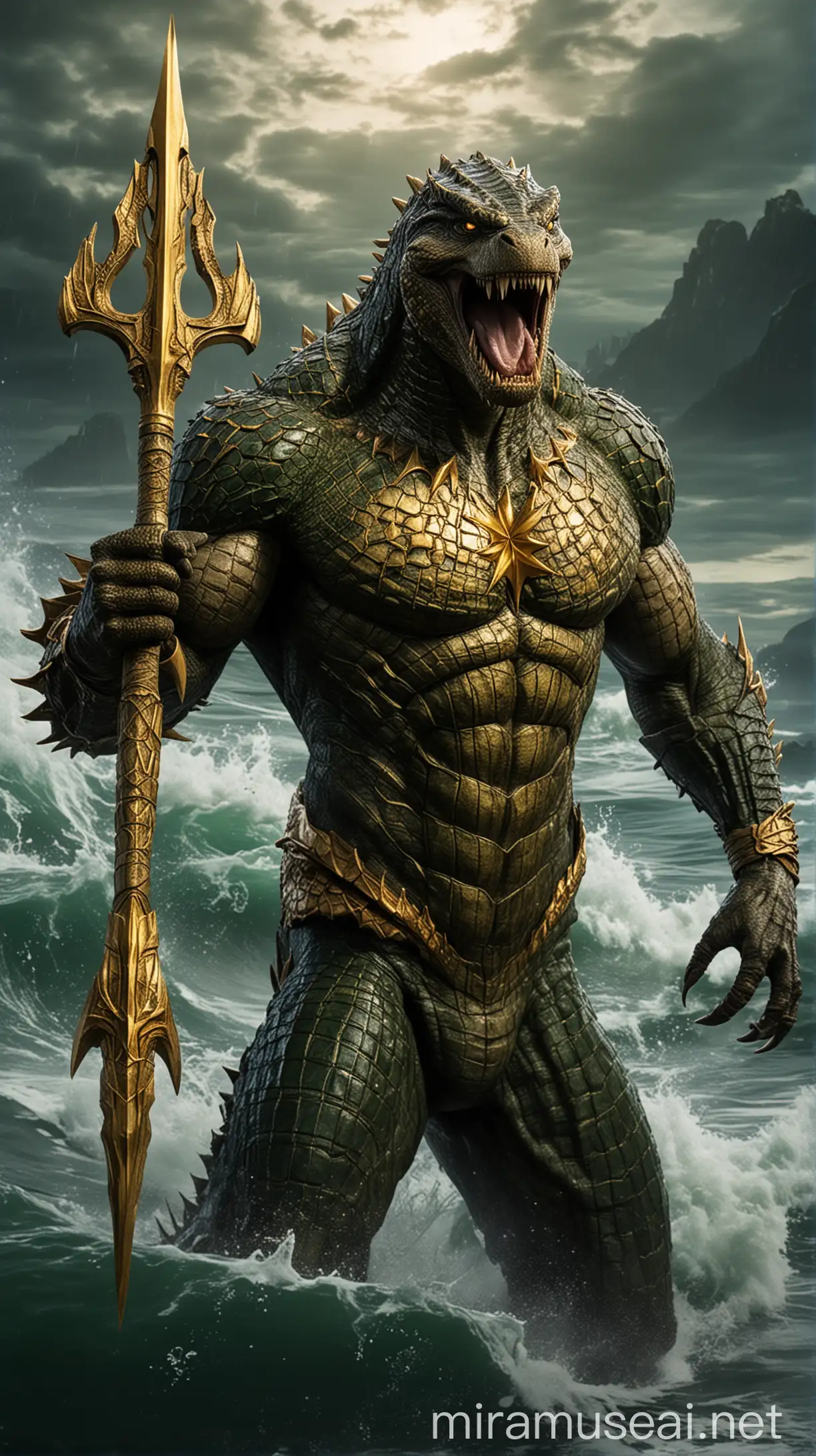 Create a terrifying, hyper-realistic creature formed by the fusion of Aquaman and the Nile crocodile. The creature should have the massive, muscular body of the crocodile, with its thick, scaly armor, but with elements of Aquaman’s golden armor integrated into the body. The face should combine the fierce, deadly expression of the crocodile with the regal features of Aquaman, glowing yellow eyes filled with power and wisdom. The creature should have sharp, crocodile-like teeth and claws, but with Aquaman's trident-like weapon attached to one of its limbs or incorporated into its design. The creature’s back should glow with oceanic energy, radiating an aura of power and dominance. Set against a dark, stormy ocean background with crashing waves and flashes of lightning, the creature should look terrifying, a blend of aquatic strength and primal ferocity.