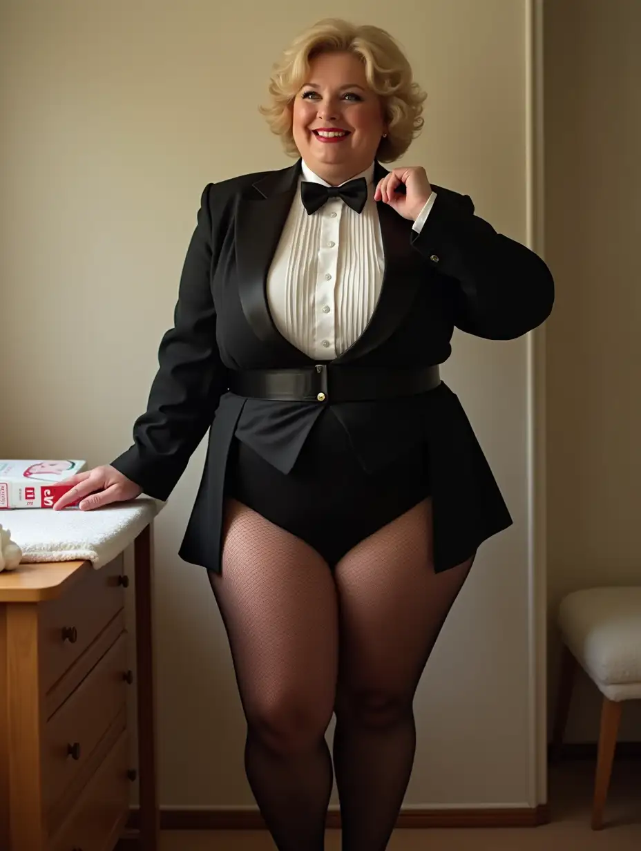 ((photo realistic)), sweet smiling middle-aged larger plump full-figured body type with large wide hips ((Caucasian female woman)), with short blonde curly 1980s hair with curly bangs, wearing a very formal orchestra concert tuxedo with black long sleeve high cut cropped Eton jacket, (((white tuxedo shirt, with wingtip collar, and many thick vertical pleats front))), (((black diamond point bow tie with black adjustable neckband))), black cummerbund, ((black tight high cut brief)), ((fishnets)), high heels, (looking at viewer while tugging on bow tie), (standing next to a changing table in a nursery with a large white and red box of Huggies THICK diapers), ((full body front view))