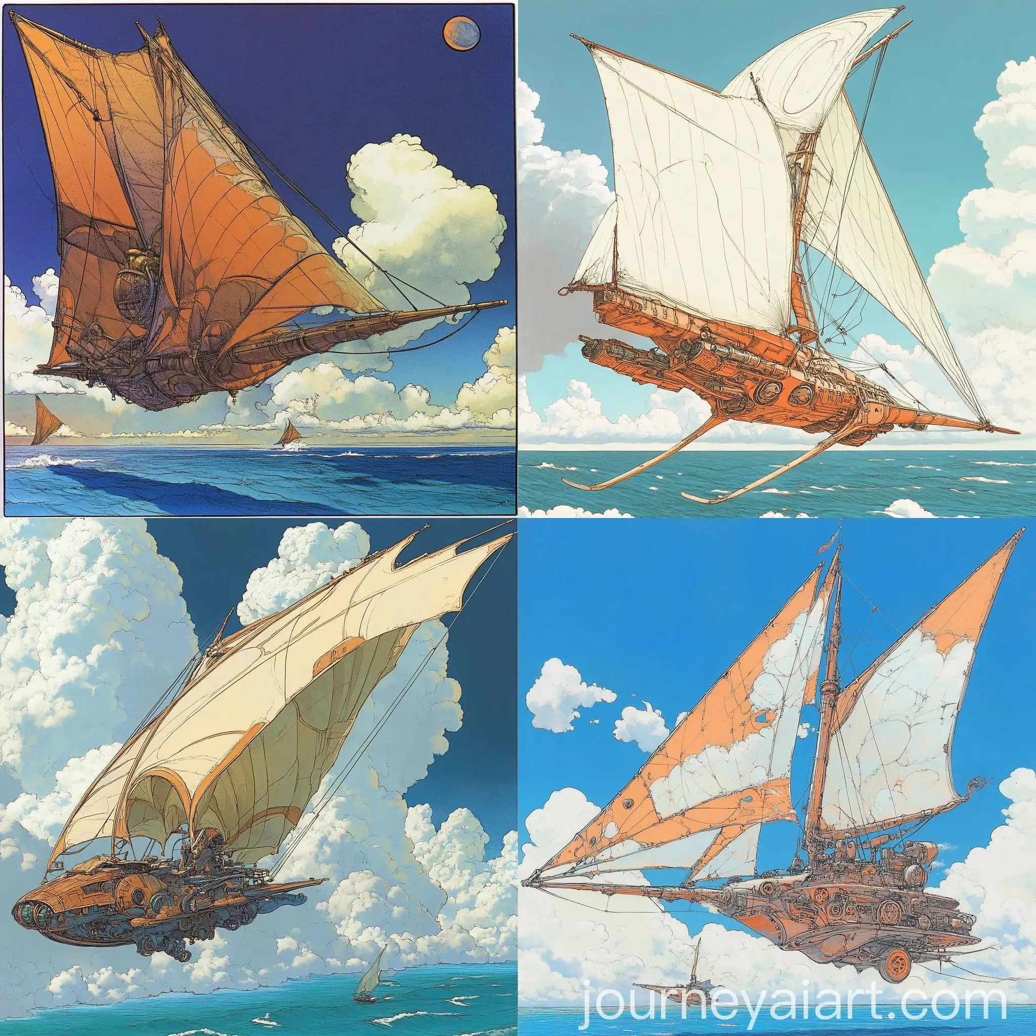 Steampunk-Flying-Contraption-Over-Ocean-with-Cloud-Sails