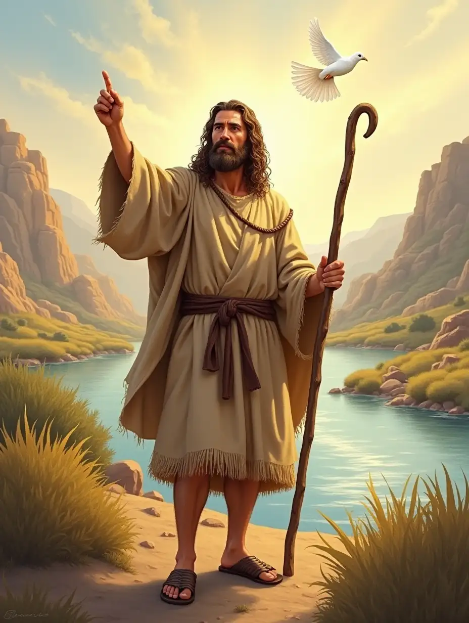 A detailed illustration of John the Baptist, a disciple of Jesus, in a serene wilderness setting. He is depicted as a bearded man with humble and rugged features, wearing a simple garment made of camel's hair with a leather belt around his waist. He holds a wooden staff in one hand and points towards the sky with the other, symbolizing his role as the one who announced the coming of Jesus. A river flows in the background, representing the Jordan River where he baptized Jesus. The scene is illuminated with a soft, golden light, suggesting divine presence, with a faint dove in the sky to symbolize the Holy Spirit. The overall tone is spiritual and peaceful, with earthy and natural colors dominating the palette.