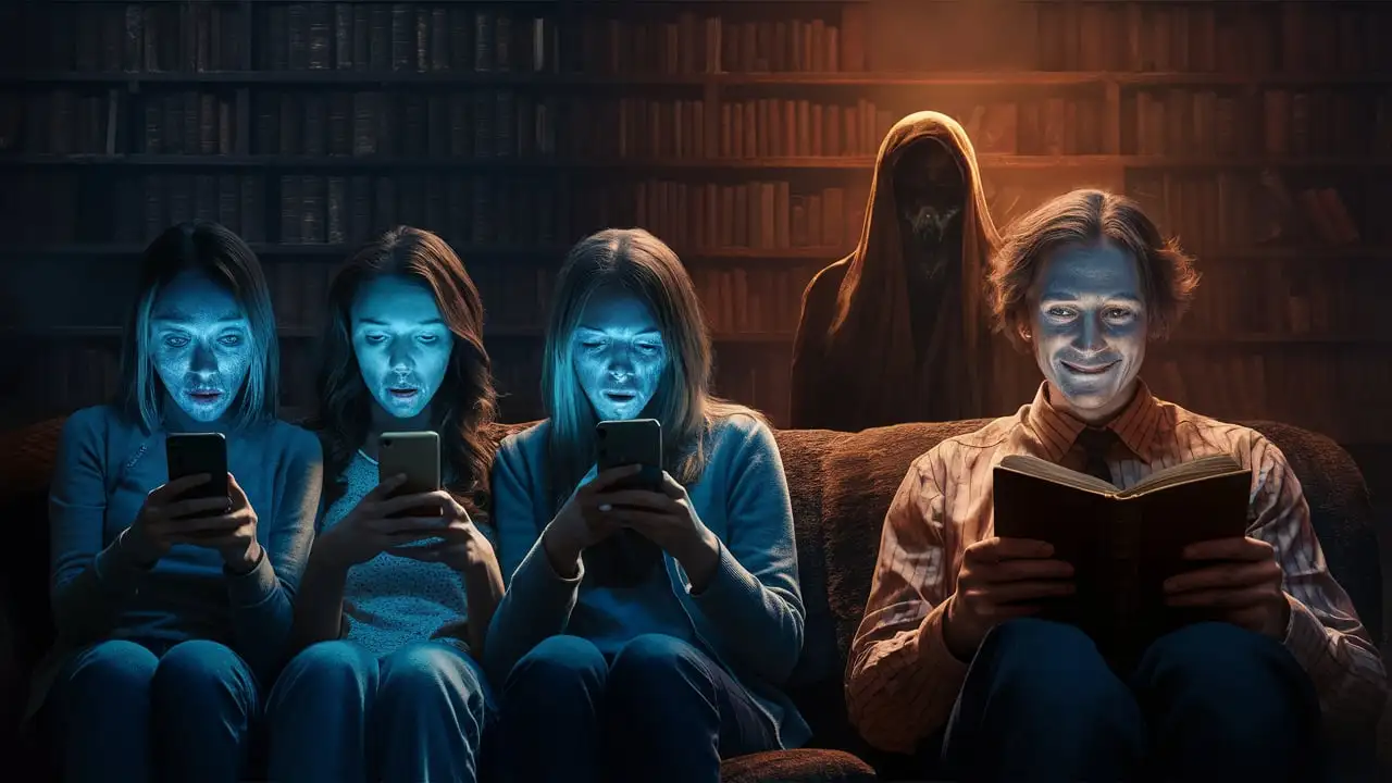 Group of People on Couch Absorbed by Phones and Books in Horror Atmosphere