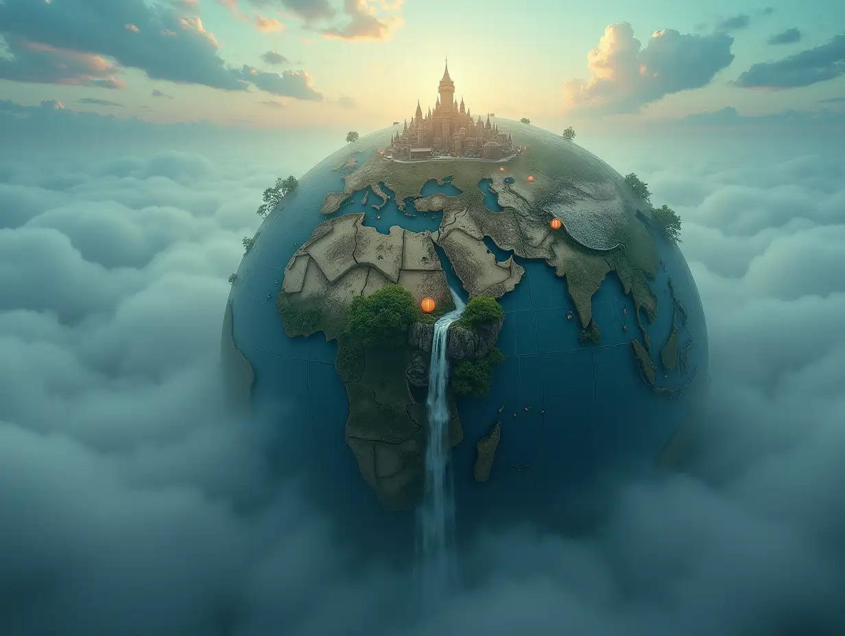 Create a globe with a city peeking out of its upper half at an angle from above with streets, lanterns, forest, waterfall, and a sky with clouds and fog