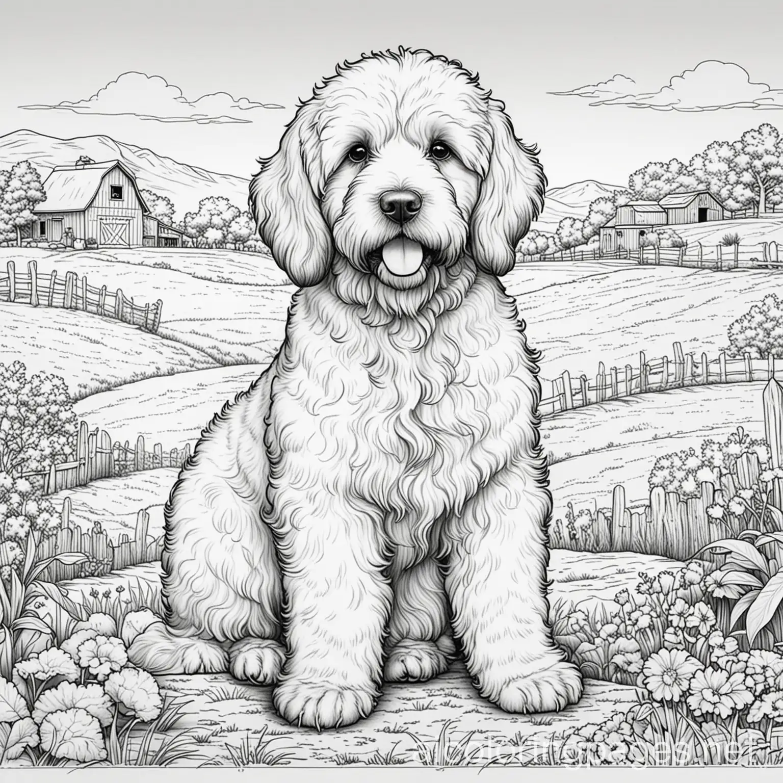 Saint-Berdoodle-Coloring-Page-on-Farm-Black-and-White-Line-Art