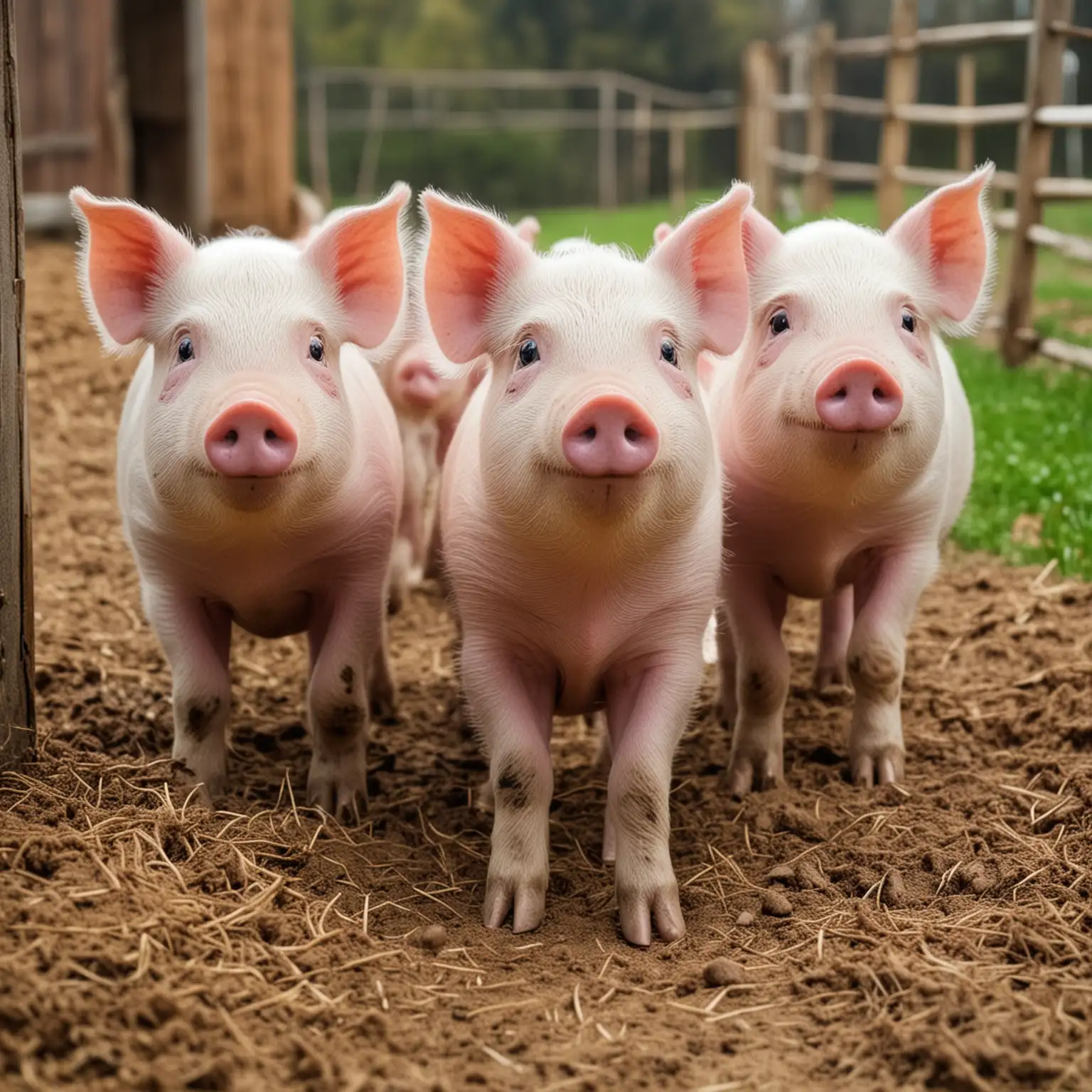 Three Little Piggies Playing on a Sunny Farm