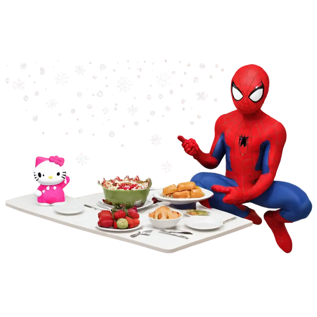 Spiderman-at-a-Christmas-Dinner-with-Hello-Kitty-PNG-Image-for-HolidayThemed-Creations