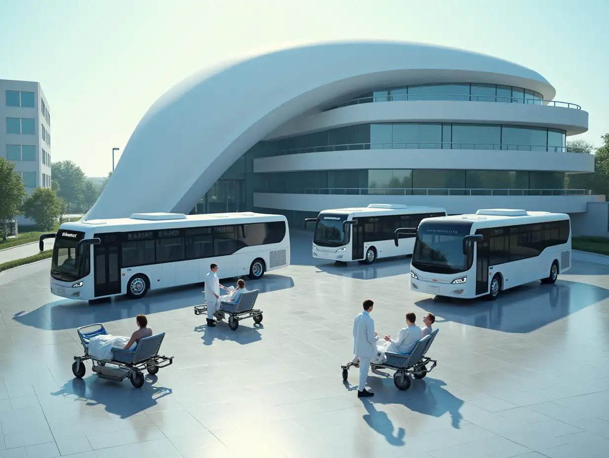 streamline hospital building. three large futuristic buses stand on the square. robotic medical workers ferry passengers to the building on chairs and stretchers with wheels. view from above. picture is photorealistic. lens 28 mm.