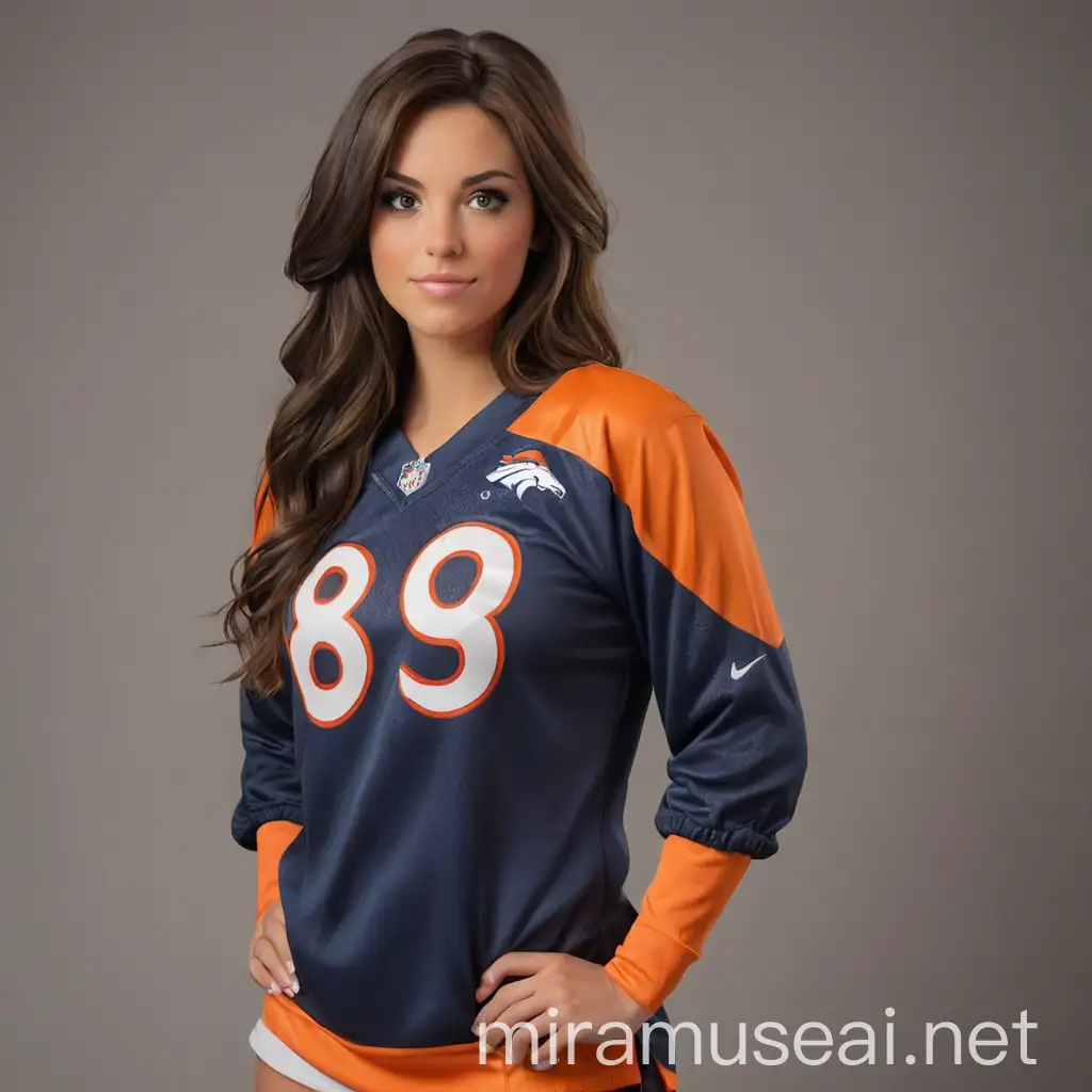 Brunette Woman in Broncos Jersey Watching Football Game