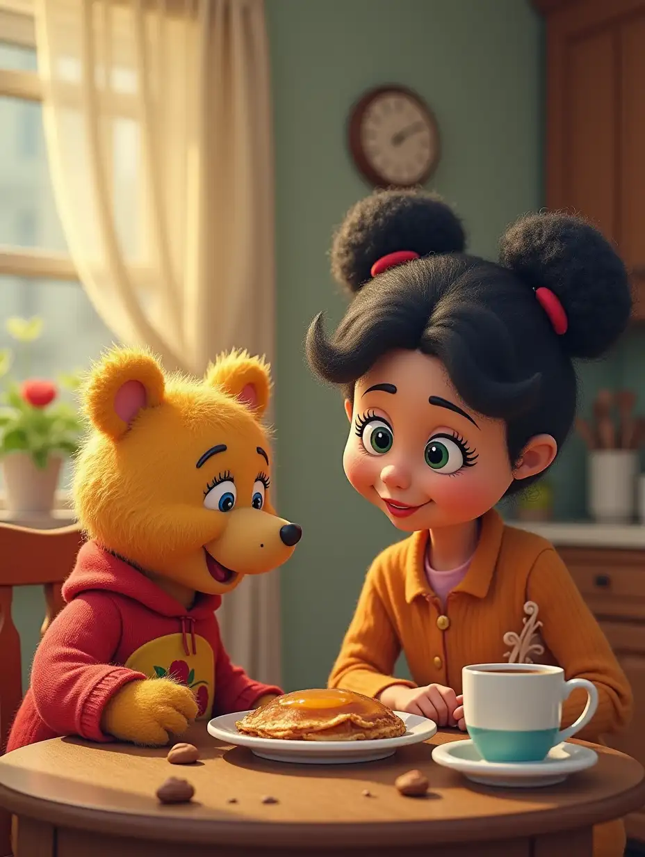 Baby bear from sesame street and Gina having breakfast together at Gina's house. Baby Bear is a young bear and Gina is a grown woman. Gina is having a cup of coffee.