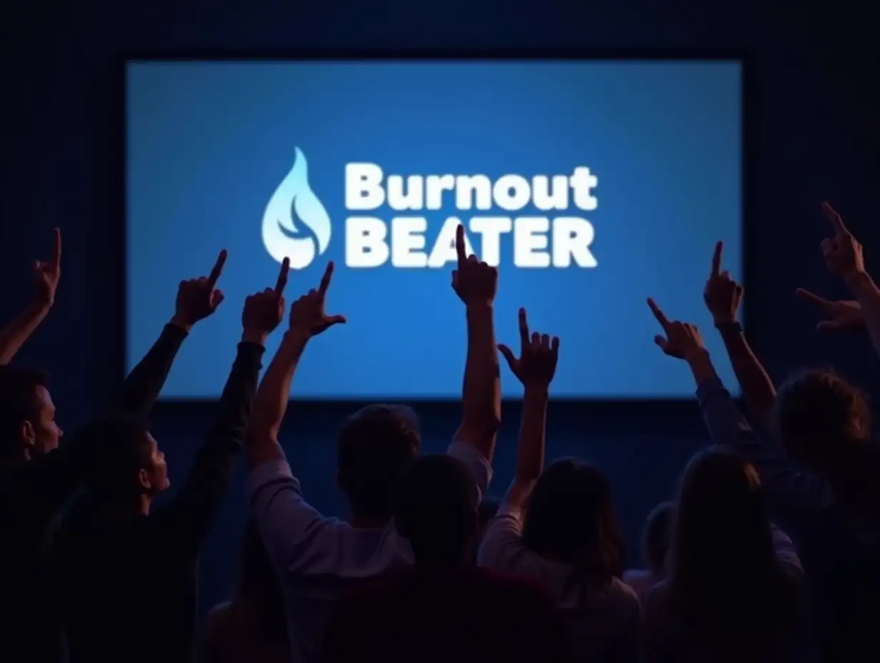 A photo of a diverse group of people with their hands raised, pointing towards a glowing screen. The screen displays the Burnout Beater Affiliate Program logo. The background is dimly lit.