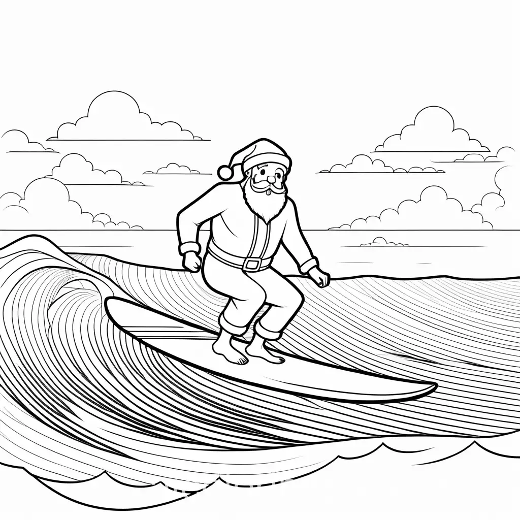 Santa riding surfboard, Coloring Page, black and white, line art, white background, Simplicity, Ample White Space. The background of the coloring page is plain white to make it easy for young children to color within the lines. The outlines of all the subjects are easy to distinguish, making it simple for kids to color without too much difficulty