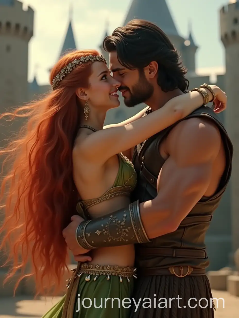 Princess-and-Warrior-in-Front-of-Castle-A-Cinematic-Embrace