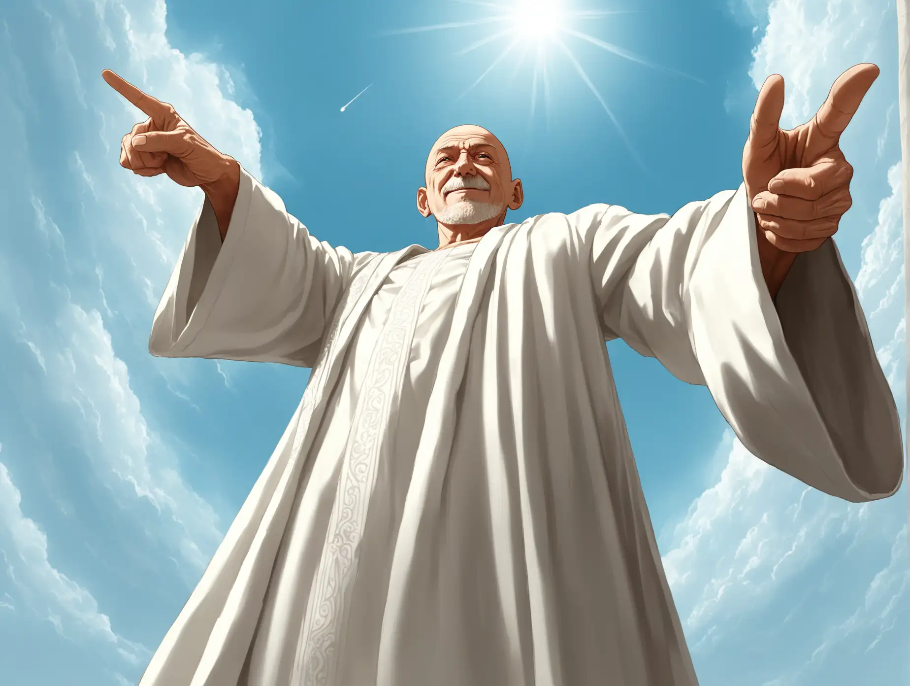 The old man is 60 years old. Bald. Smirks. In a long white robe. He points his finger at the sky. He raises his hand. Full height. View from below. Barefoot