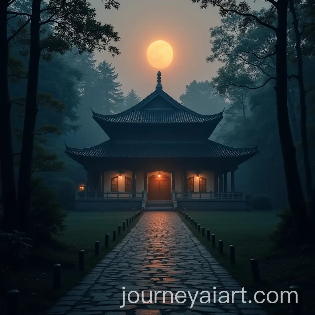 Chinese-Magic-School-Surrounded-by-Dark-Forest-at-Dusk