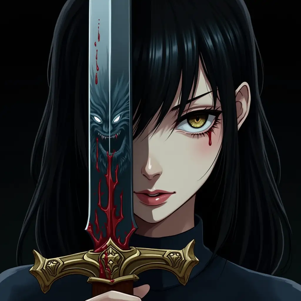 A black-haired woman, with an oval-shaped face that is both beautiful and eerie, revealing a sharp brown-green eye filled with a hint of resentment. The right half of her face is obscured by a vertically positioned sword, with a cold and determined expression. The blade covers the left side of her face, with streaks of blood on its surface. The sharp edge reflects a blue-black demonic face, whose glowing white eyes add a mysterious and ominous atmosphere. The sword hilt is intricately carved with gold decorations, and the background is dark-toned. The overall style is a detailed illustration with a strong dramatic feel.