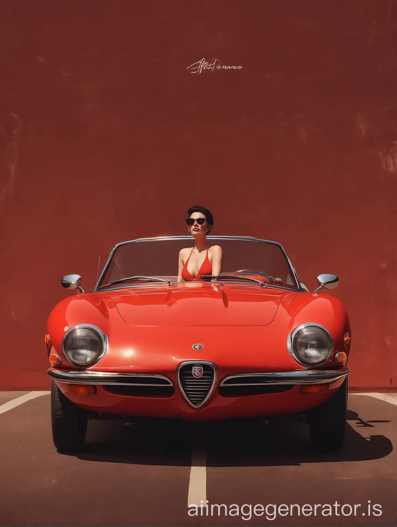 Minimalist poster with a liminal background in Art Deco style, featuring a classic red 1960s Alfa Romeo at the center. A slender woman, wearing a bikini and stylish sunglasses, sits elegantly on the hood of the car, basking in the sunlight. The dark, Italian-inspired background incorporates classic colors, geometric lines, and a sophisticated retro atmosphere with a minimalist touch.