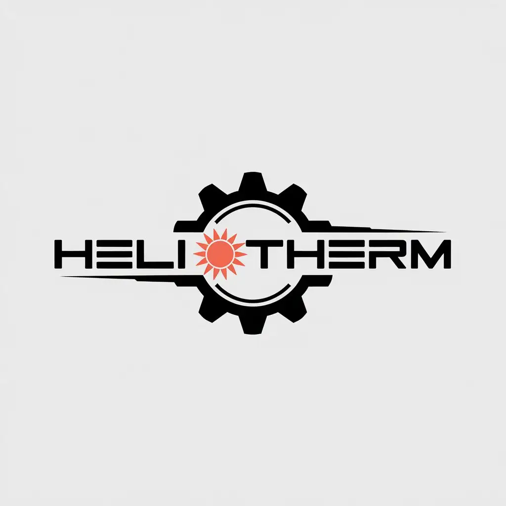 a vector logo design,with the text "HELIOTHERM", main symbol:Steel thin gear, through the gear name logo in red-orange color, instead of letter O sun,Minimalistic,be used in Technology industry,clear background