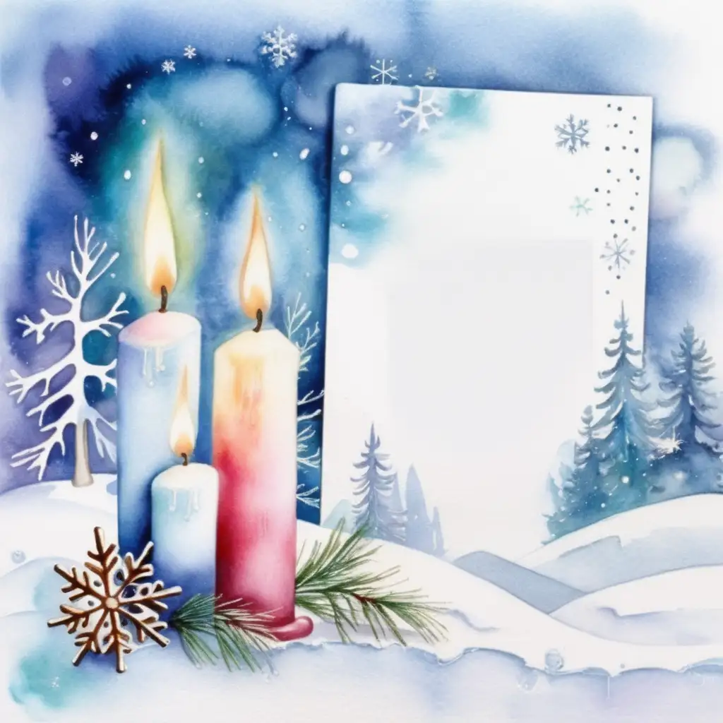 Winter Watercolor with Candles and White Space for Scrapbook Page