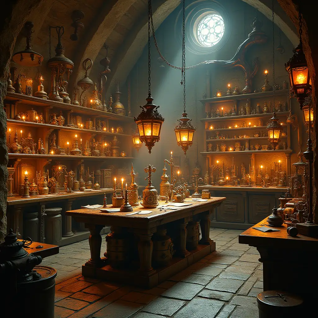 A steampunk-inspired castle laboratory dedicated to artifact crafting, illuminated by a warm, golden glow from flickering lanterns and glowing crystals. At the center of the room stands a large, sturdy worktable cluttered with intricate mechanisms, arcane tools, and partially assembled artifacts emitting faint, magical glows. The walls are lined with towering shelves packed with mysterious devices, ancient tomes, and peculiar mechanical contraptions, each with an air of hidden purpose. Gears, coils, and tubes twist around the shelves, connecting to larger, enigmatic machines embedded into the stone walls. The atmosphere is one of ingenuity and mysticism, a blend of alchemical experimentation and mechanical craftsmanship, evoking a sense of wonder and discovery.