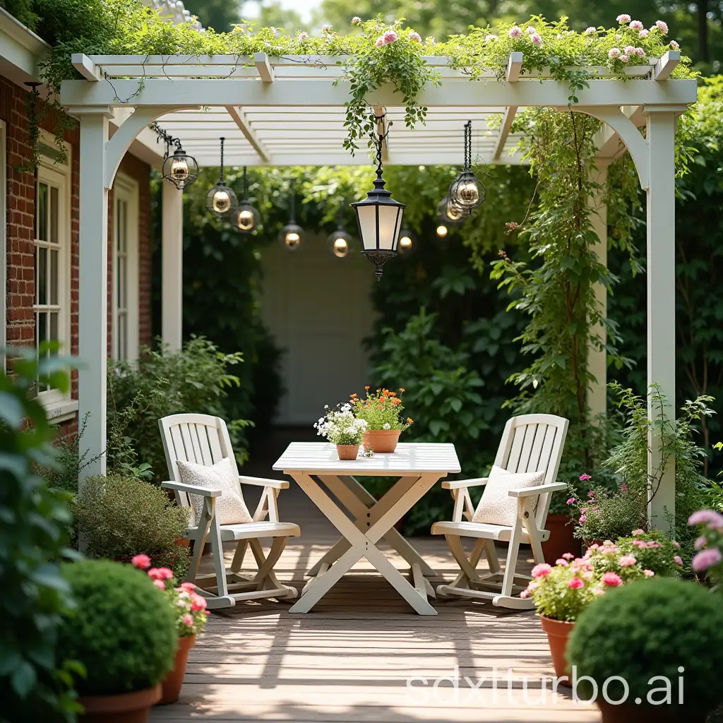 an outdoor patio with potted plants and a white pergolato table with, cute style garden, lush flowery outdoors, home and garden, lush gardens hanging, cottagecore flower garden, lush plants and lanterns, lamps and flowers, lush chic garden, sitting in the garden, romantic greenery, beautiful terrace, in a cottagecore flower garden, plants and patio, garden setting, garden environment, cozy and peaceful atmosphere, relaxing environment, beautiful garden, homely atmosphere, in a garden of a house