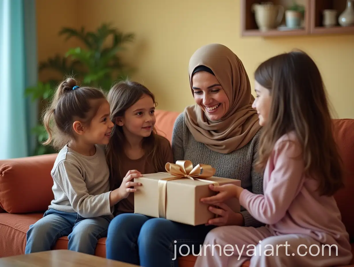 Middle-Eastern-Mother-Receiving-Mothers-Day-Gift-from-Children-in-Colorful-Living-Room