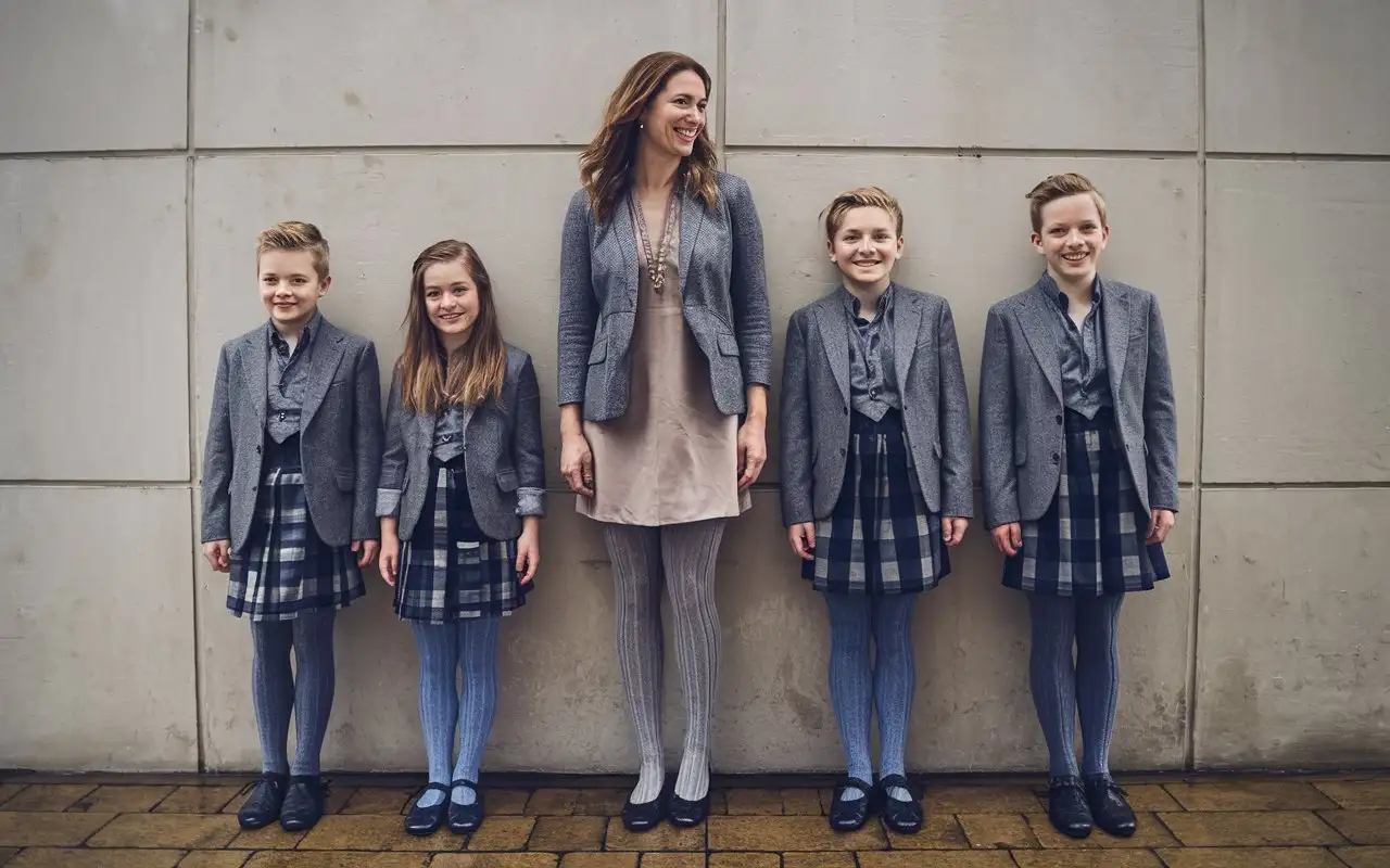 ((Gender role-reversal)), colourful Photograph, in a world where women are dominant, a mother has 4 young sons (boys age 11, 13, 15 and 17) on a full day, the mother has dressed her sons up in her old minidress and ribbed wooltights, she has made the boys line up against the wall to take a picture, cute smiles, adorable, perfect faces, perfect faces, clear faces, perfect eyes, perfect noses, smooth skin, the photograph is captioned “I dug out my old ballet dresses and decided to dress my boys up on a rainy day”