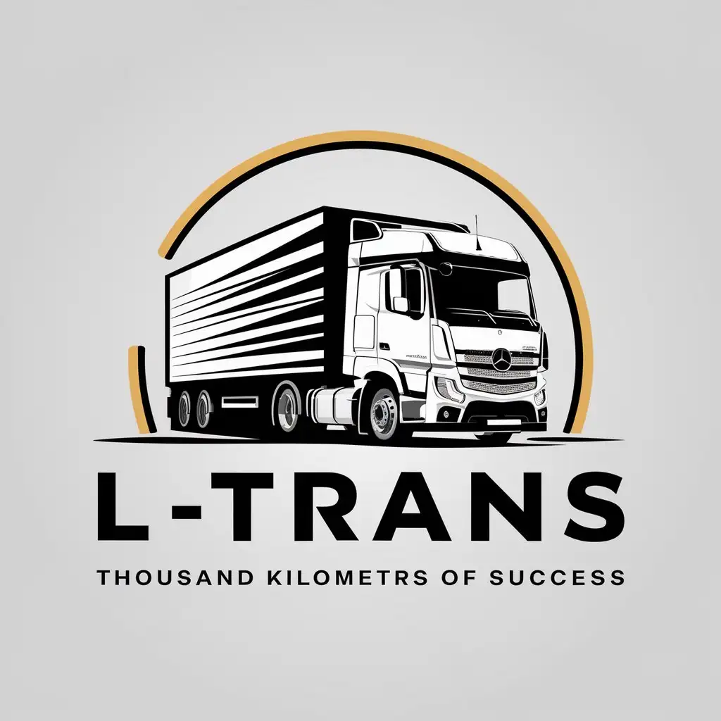 a vector logo design,with the text "L-TRANS, thousand kilometers of success", main symbol:Cargo truck Mercedes with trailer,complex,be used in Automotive industry,clear background